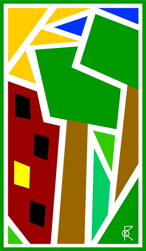 Une maison rouge géométrique aux fenêtres noires et jaunes, à côté du large feuillage vert d’un arbre ; des lignes blanches séparent les zones colorées.