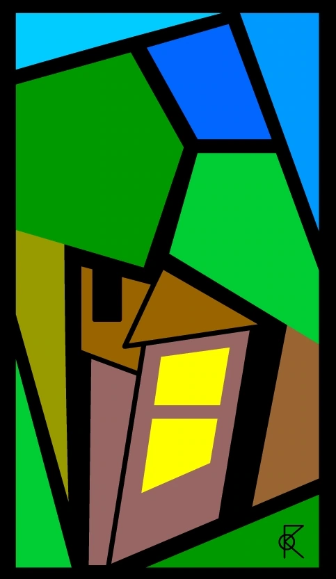 Une petite maison brune aux fenêtres jaunes sous le feuillage vert d’un arbre, délimitée par d’épais traits noirs.
