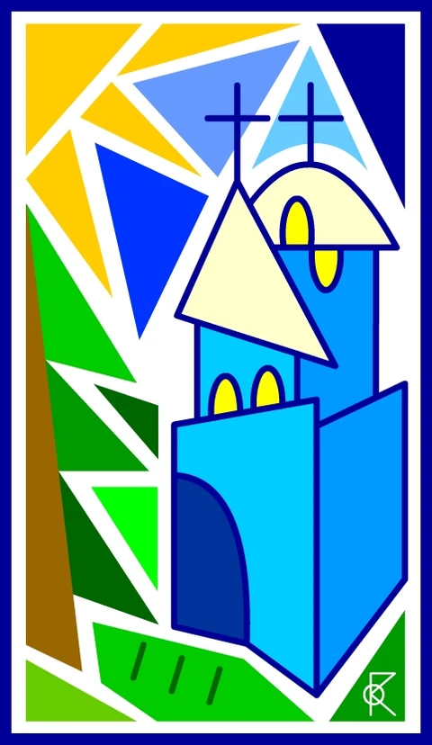 Des tours géométriques aux coupoles jaunes surmontées de croix noires, sur un fond bleu et vert.