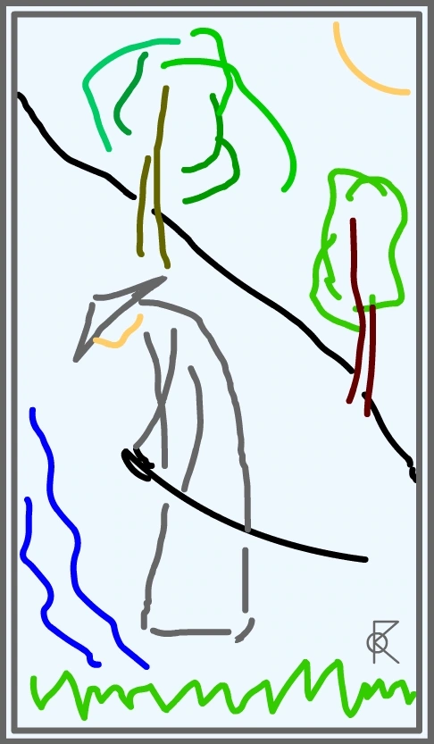Un samouraï portant un chapeau et un sabre au bord de l’eau, parmi les arbres et l’herbe. Des traits évoquant le crayon de couleur sur un fond bleu pâle.