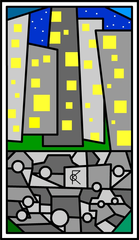Des immeubles gris aux fenêtres jaunes sous un ciel nocturne bleu ; en dessous, un réseau de formes, de lignes et de cercles gris.