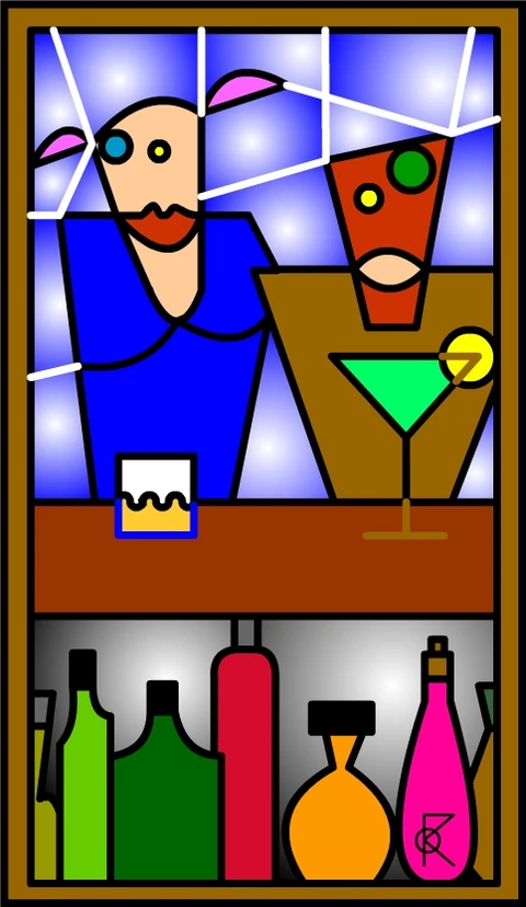 Deux silhouettes géométriques derrière un comptoir, un verre et des bouteilles colorées devant des bandes de lumière bleues et violettes.