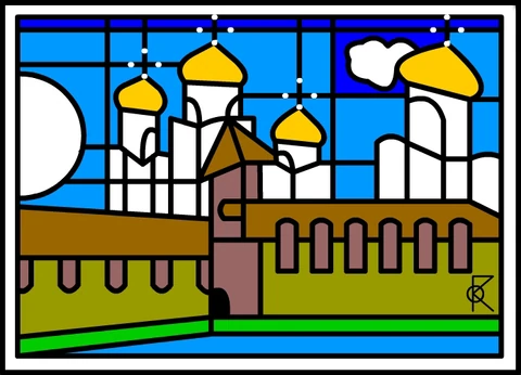 Des tours blanches et des coupoles dorées derrière une muraille brune, sur un ciel bleu.