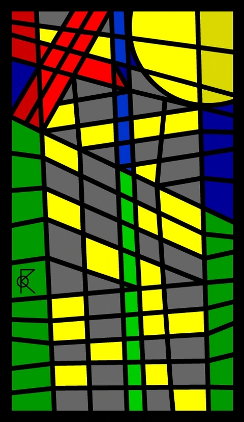Des lignes noires qui se croisent sur des zones géométriques grises, bleues, vertes, jaunes et rouges.