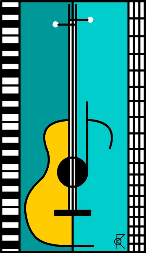 La silhouette jaune d’un instrument à cordes sur un fond turquoise, avec des cordes noires et des bandes de touches de piano sur les bords.
