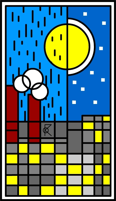Un cercle jaune, un croissant de lune blanc et un lampadaire au-dessus d’une grille de carrés colorés sur un fond bleu.