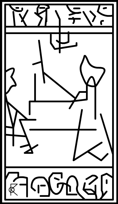 Des lignes noires anguleuses forment une silhouette centrale sur un fond blanc, avec des bandes de symboles graphiques en haut et en bas.