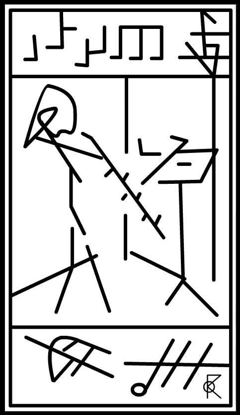Des silhouettes au trait noir sur un fond blanc, avec des symboles graphiques et musicaux dans les bandes supérieure et inférieure.