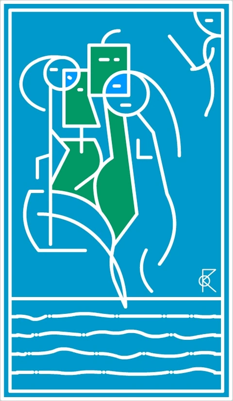 Deux silhouettes tracées en lignes pâles sur un fond turquoise, au-dessus de plusieurs lignes ondulées.