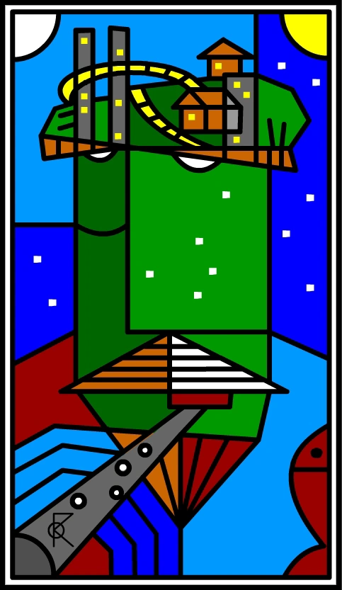 Une grande forme géométrique verte sous une arche accompagnée de petites maisons ; des escaliers et des plans colorés en dessous.