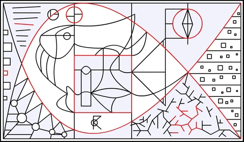 De fines lignes noires et des cercles rouges forment une composition complexe sur un fond blanc.