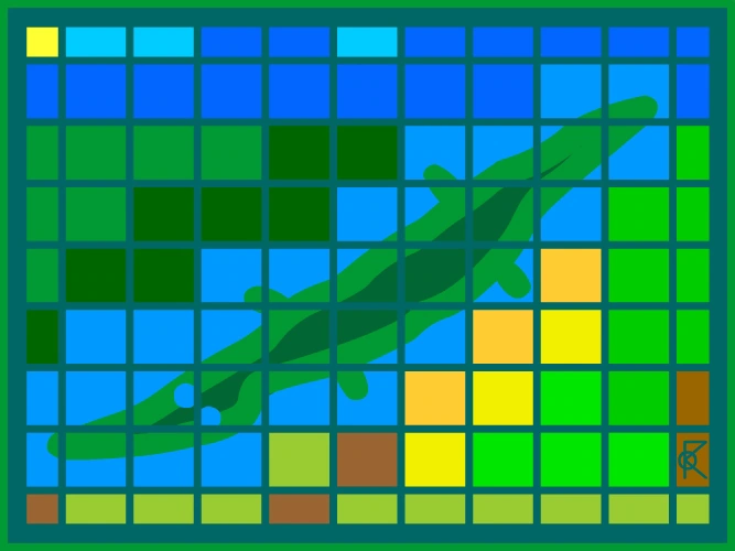 Une forme verte allongée traverse en diagonale une grille de carrés bleus, verts et jaunes.