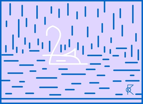 Une silhouette au trait blanc au-dessus de traits bleus horizontaux, avec des lignes verticales bleues et violettes dans la partie supérieure.