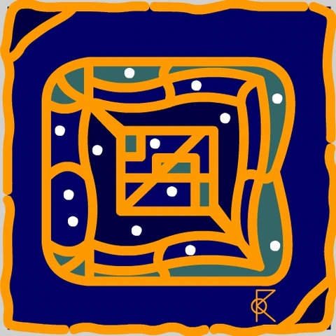 Des contours orange de carrés aux côtés courbes et des points blancs sur un fond bleu foncé comportant des zones vertes.