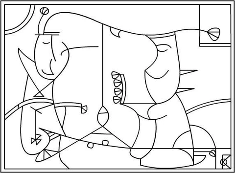 Deux silhouettes arrondies dessinées de fines lignes noires sur un fond blanc, entourées de lignes droites et d’arcs.