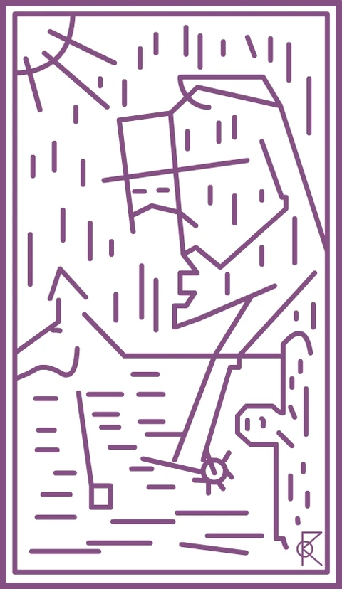 Une silhouette violette anguleuse parmi de courts traits verticaux et horizontaux sur un fond blanc.
