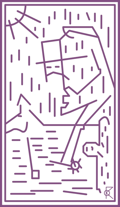 Une silhouette violette anguleuse parmi de courts traits verticaux et horizontaux sur un fond blanc.