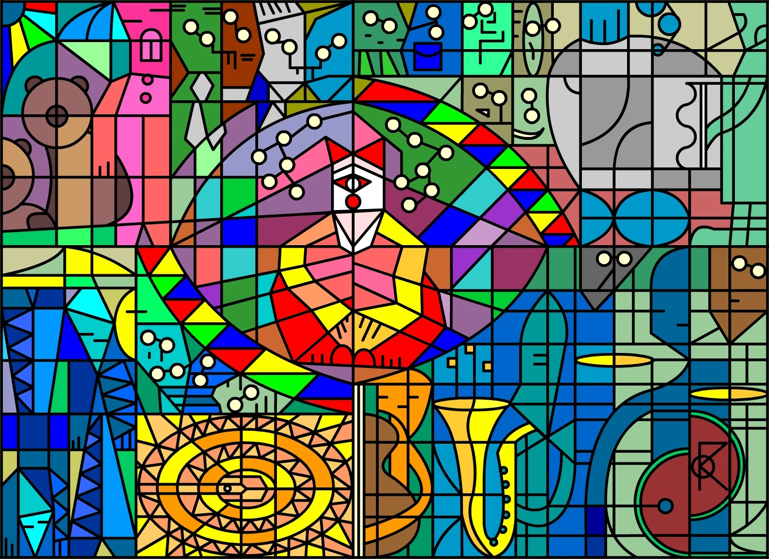 Une composition dense et colorée avec un personnage de cirque au centre, des instruments de musique, des cercles et de nombreux détails géométriques.