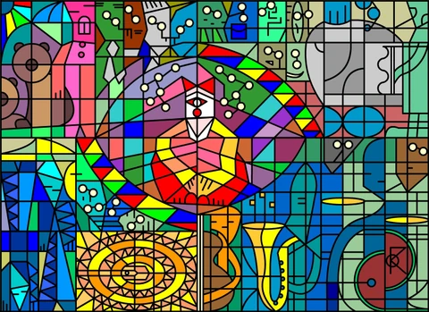 Une composition dense et colorée avec un personnage de cirque au centre, des instruments de musique, des cercles et de nombreux détails géométriques.