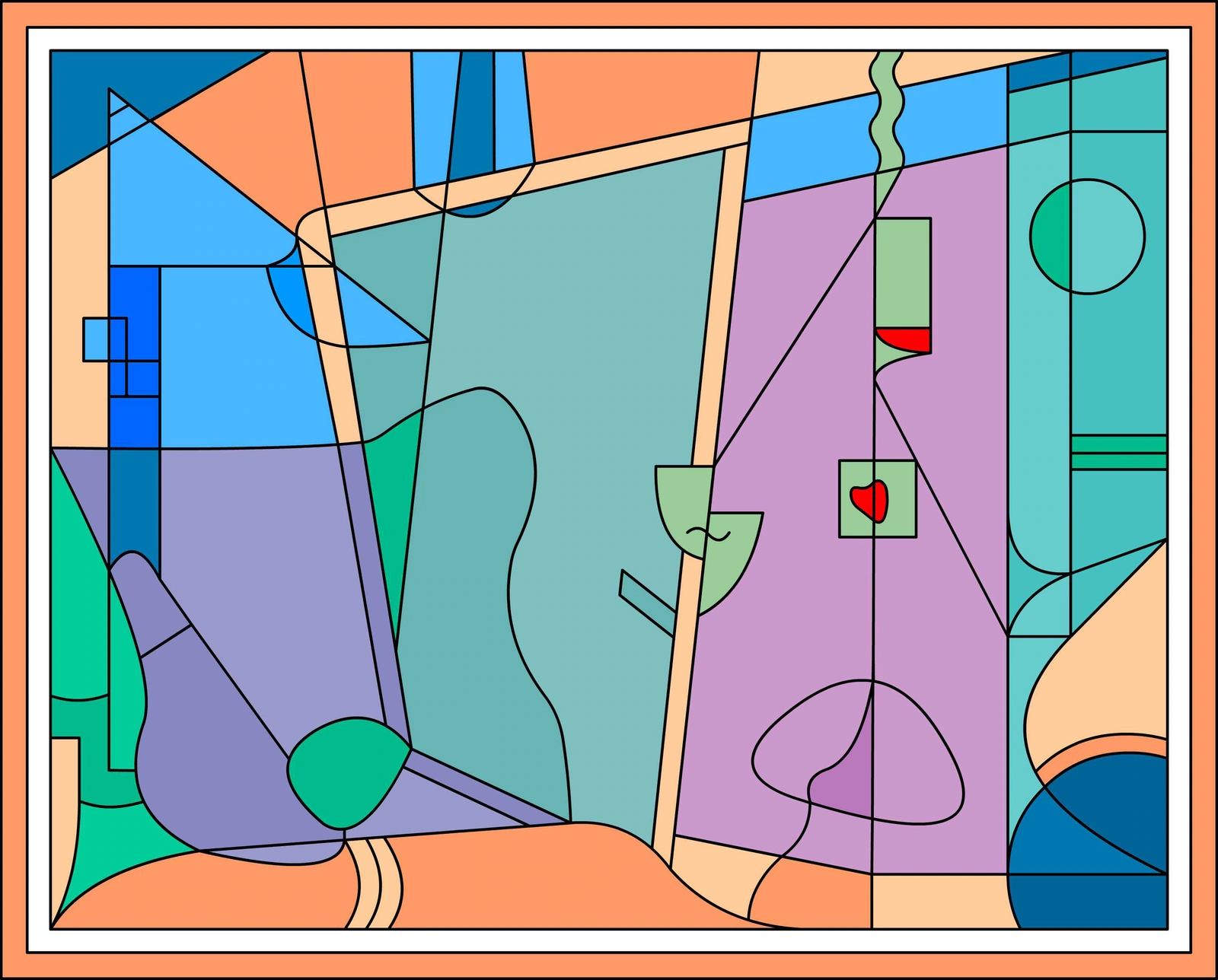 Des plans pastel turquoise, lilas, bleus et pêche, avec les fins contours noirs de deux personnages.
