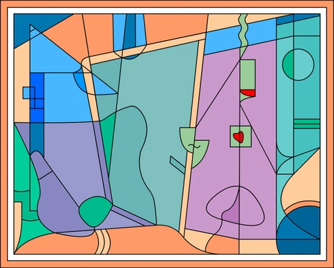Des plans pastel turquoise, lilas, bleus et pêche, avec les fins contours noirs de deux personnages.